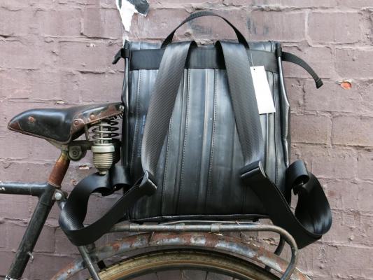 Backpack made from bicycle tubes and tarpaulin